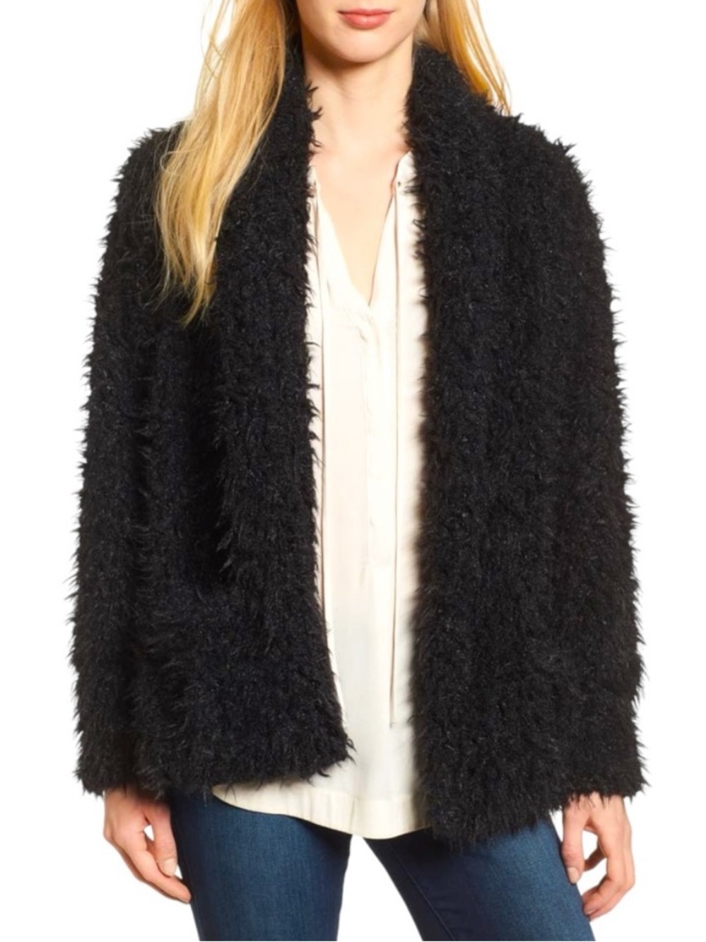 Jack By BB Dakota Black Fuzzy Faux Fur Shaggy Open Front Collared Jacket Coat S
